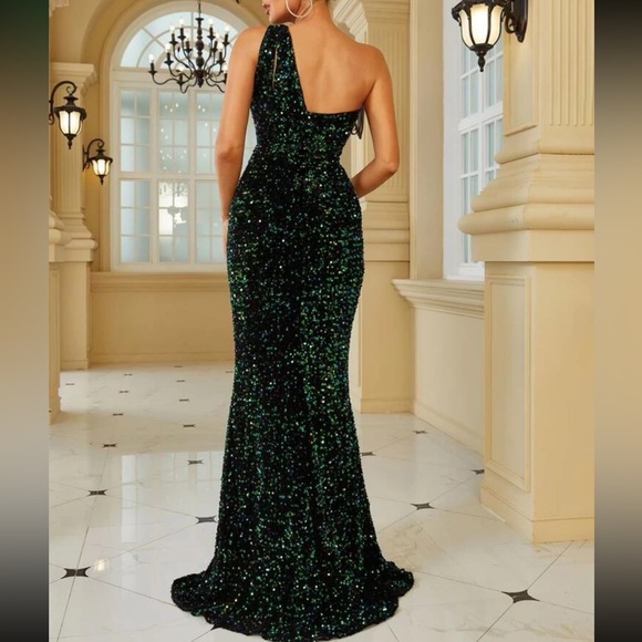 Luxe one shoulder cutout slit thigh party formal evening wedding sequins dress - Picture 3 of 6